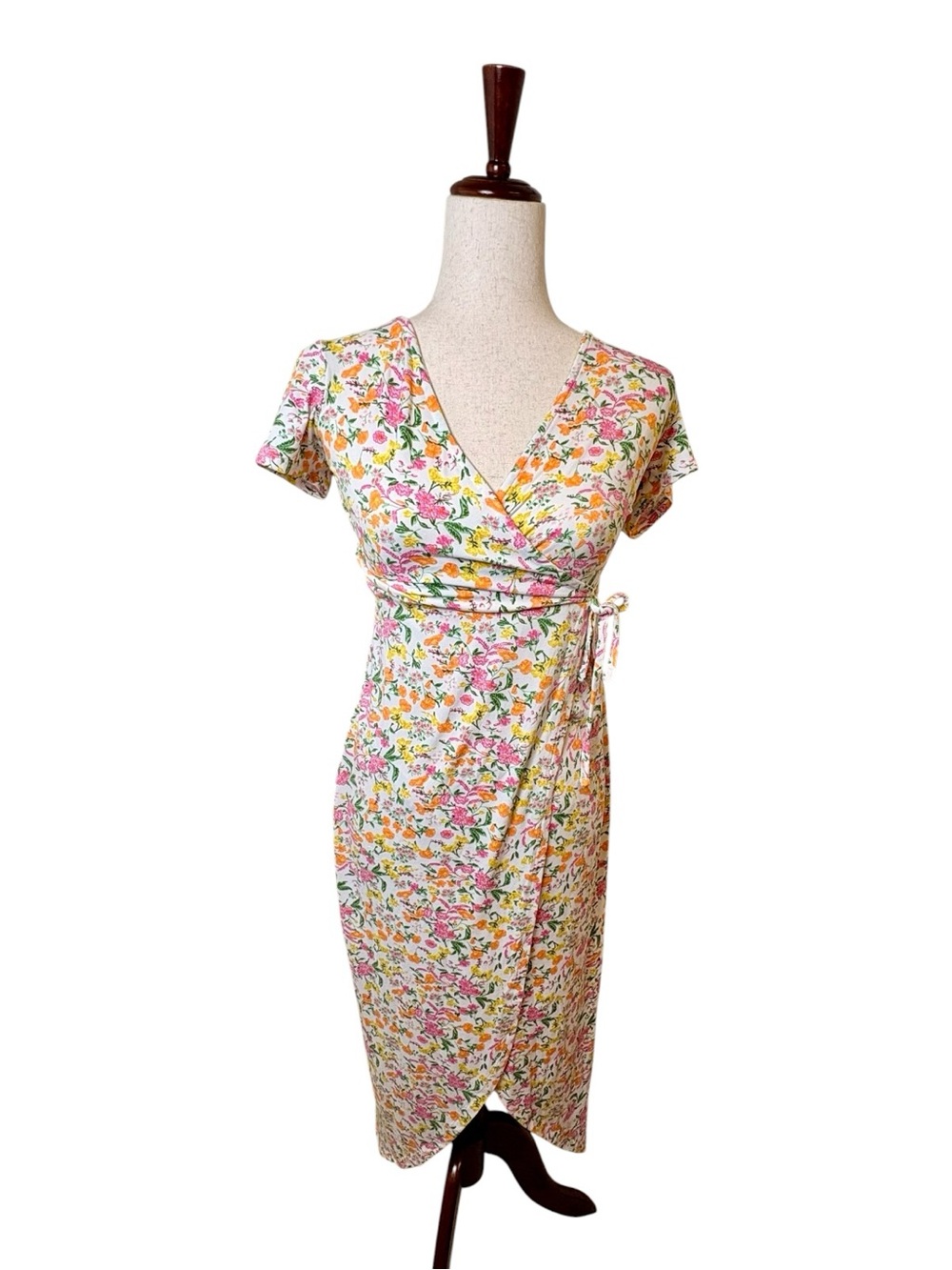 Ardene White Pink Floral Wrap Midi Dress Preppy Feminine Coquette Small